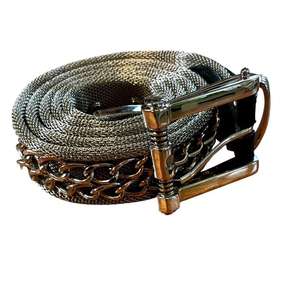 Vintage Silver Mesh Belt Double Chain Link Overlay Metallic Punk Y2K 39 Inch